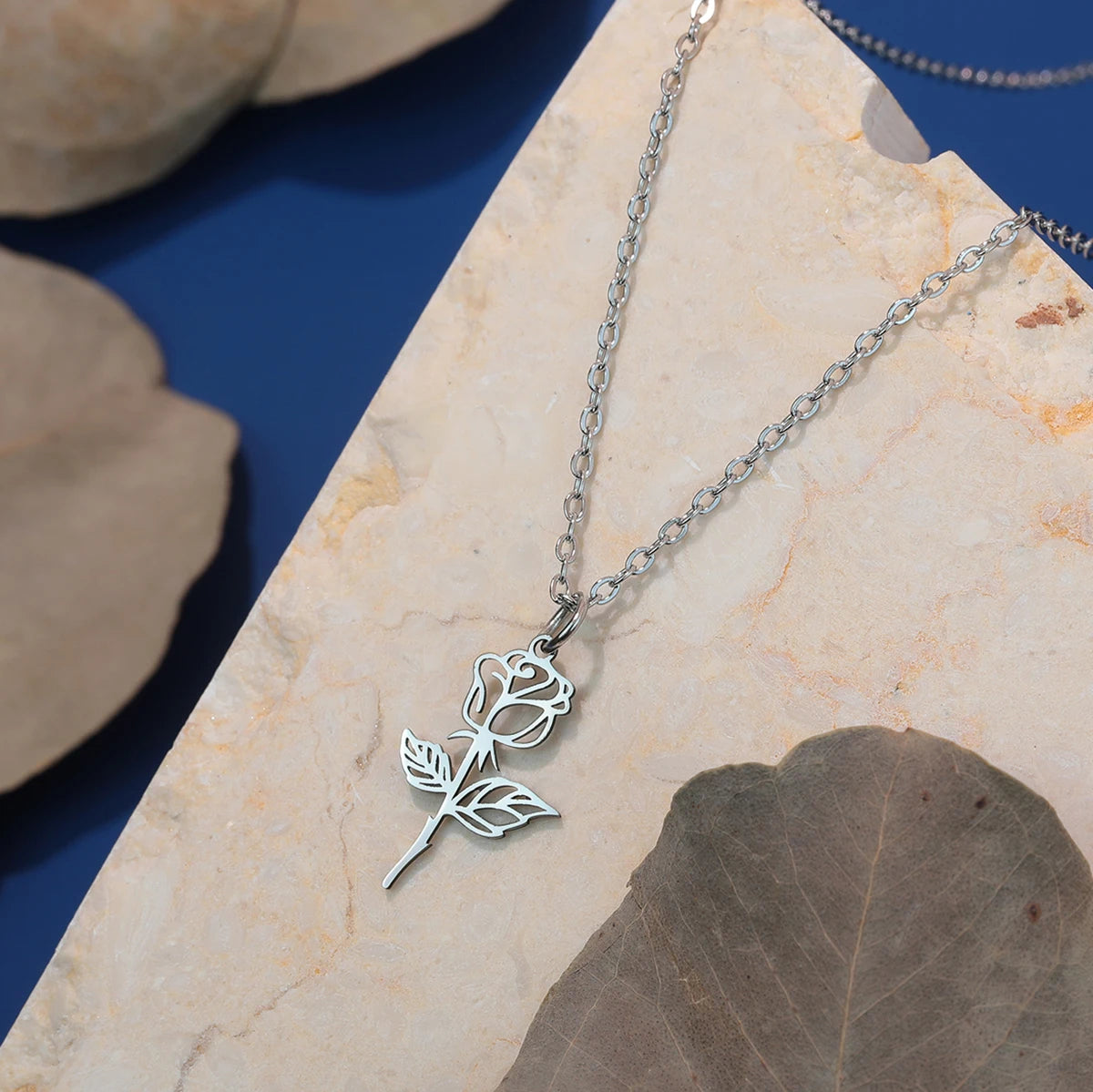 Kinitial Stainless Steel Necklace Flower Charms Chain Rose Flower Pendant Necklaces For Women Female Collares Gifts Para Mujer