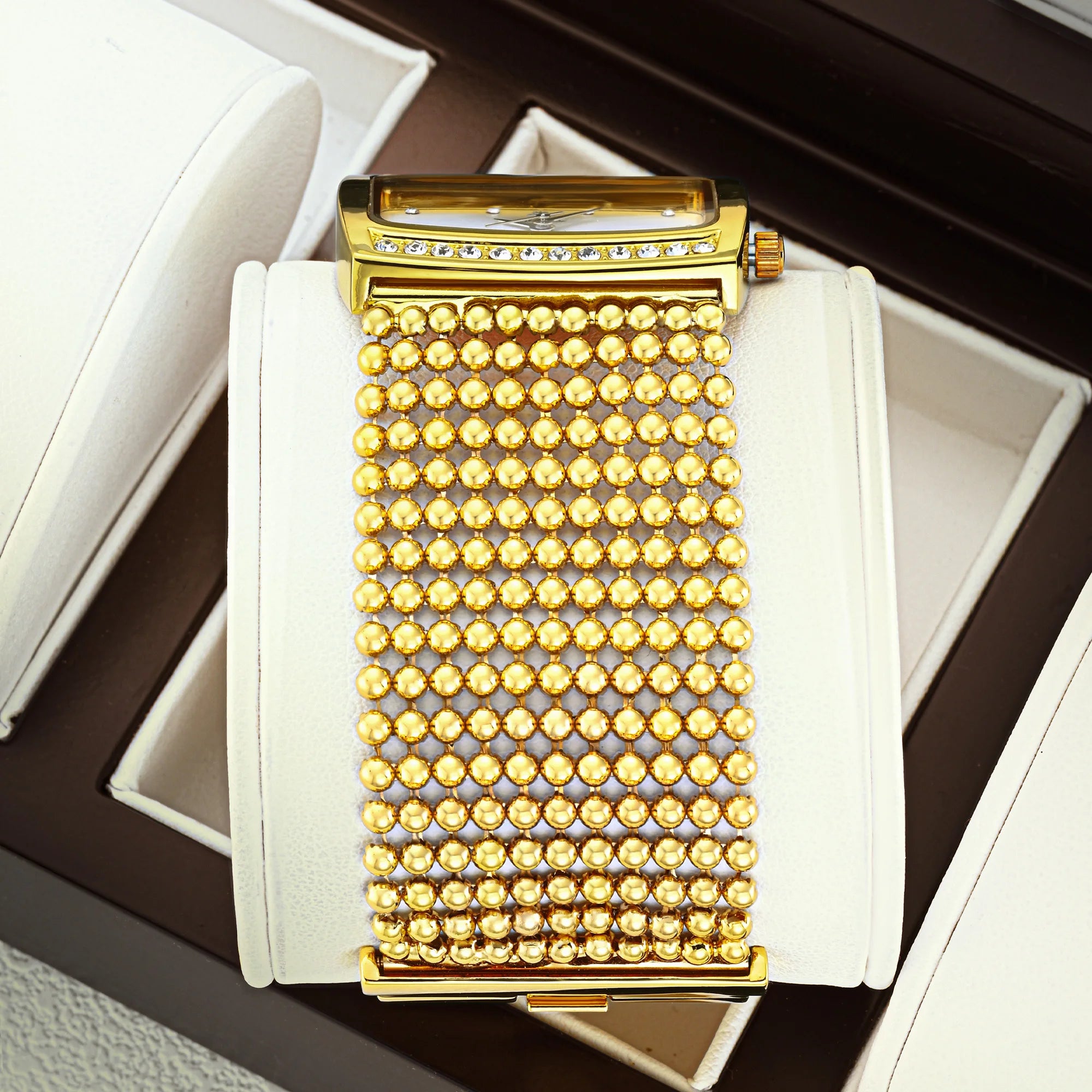 YaLaLuSi Multi Strand Gold Bead Mesh Ladies Watch Rectangle Crystal Bezel Black Dial Luxury Women Quartz Wristwatch Gift
