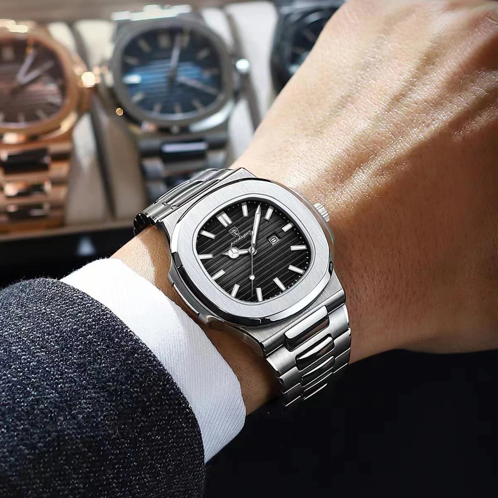 POEDAGAR Square Luxury Men Wristwatch Waterproof Luminous Date High Quality Stainless Steel Male Clock Business Sports Quartz Watches For Men Reloj Hombre mbzr