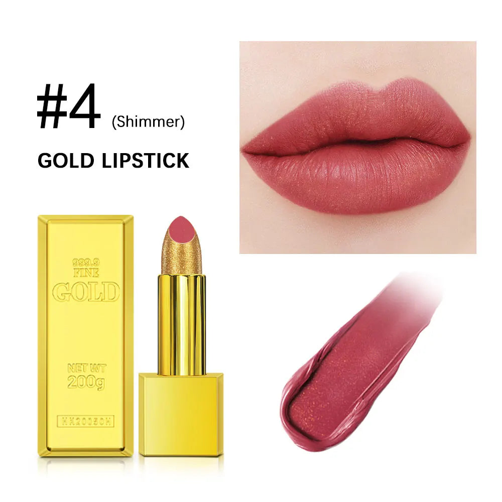 Glitter Shimmer Gold Lipstick Long Lasting Waterproof Cosmetic Gold Brick Tube mbzr