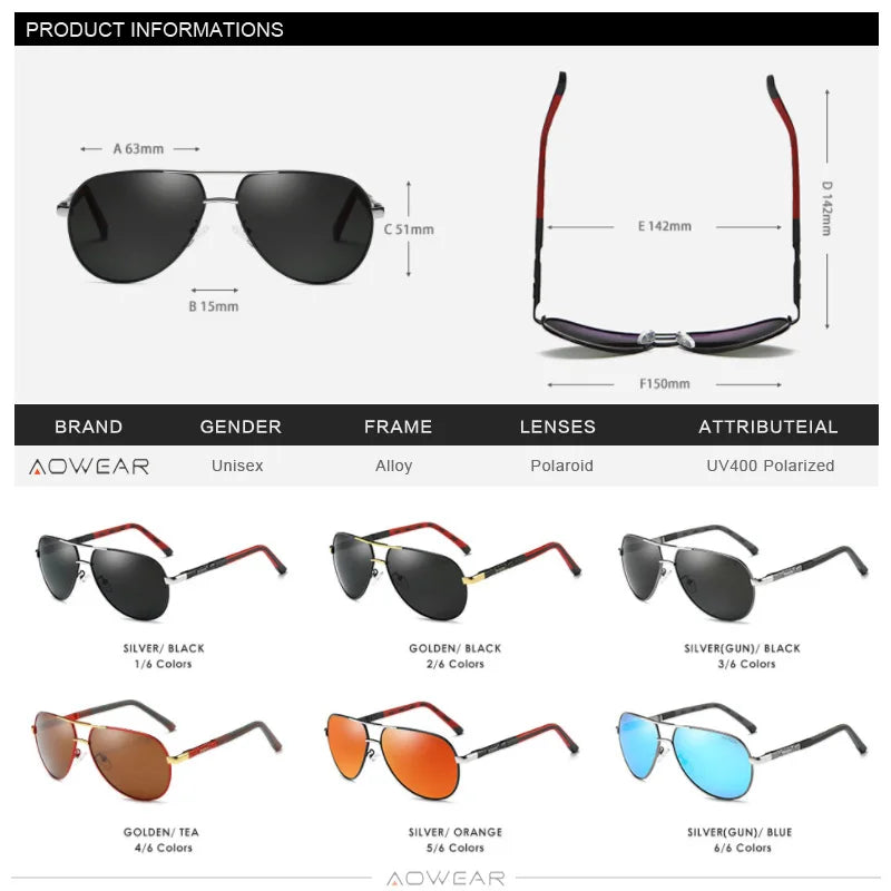 AOWEAR Aviation Mirror Polarized Sunglasses Brand Designer Retro Eyewear