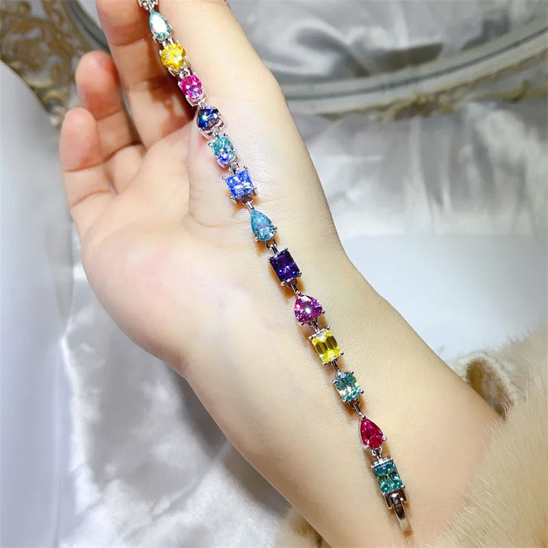 Luxury Rainbow Genuine Moissanite Tennis Bracelet S925 Sterling Silver Mixed Cut Heart Pear Round Square Gemstone Bracelet for Women Fine Jewelry Daily Wear Party Birthday Gift