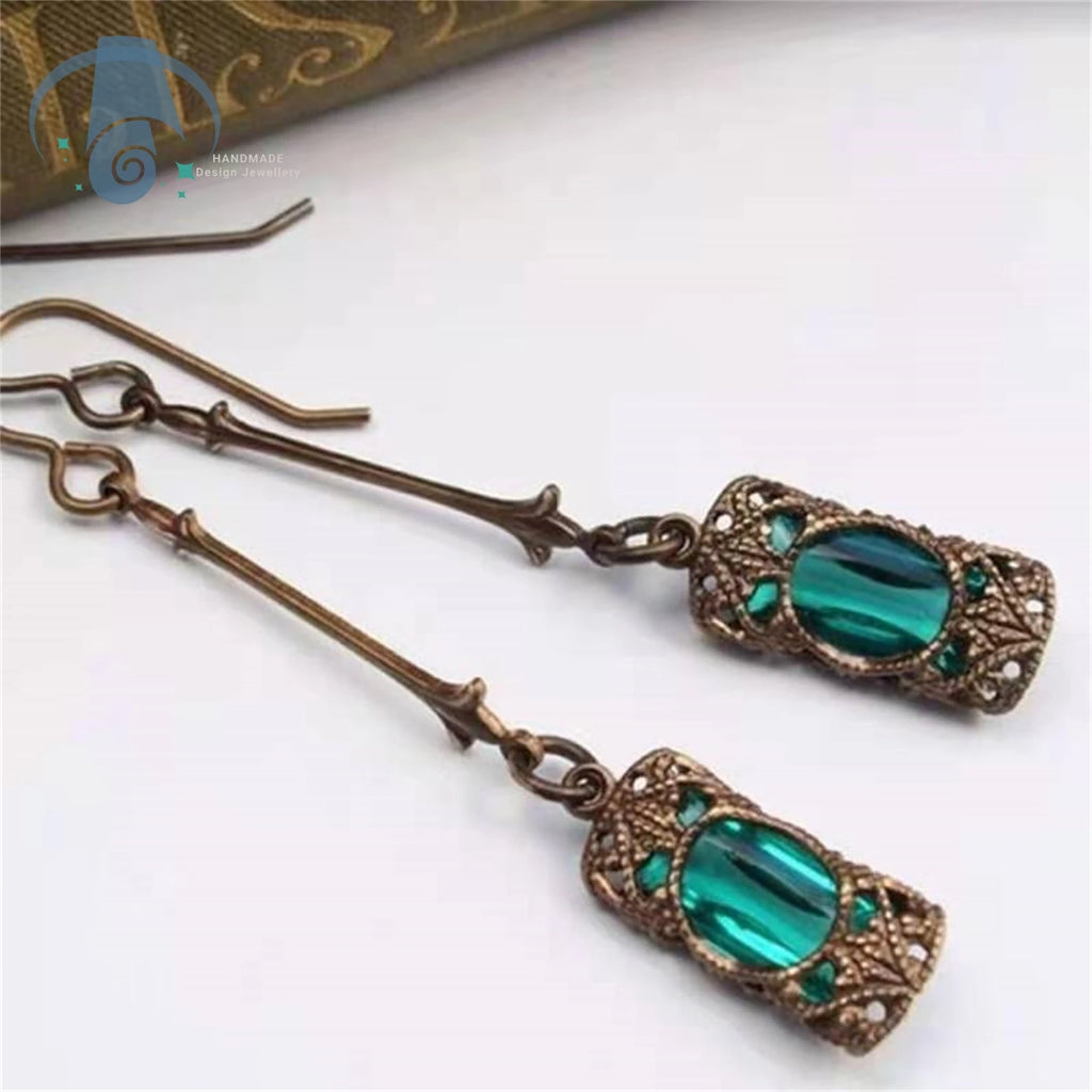 Long Tassel Dangle Earrings Vintage Copper Crystal Green Gemstone Drop Earrings for Women Elegant Bohemian Jewelry Wedding Party