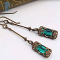 Long Tassel Dangle Earrings Vintage Copper Crystal Green Gemstone Drop Earrings for Women Elegant Bohemian Jewelry Wedding Party