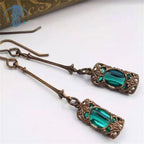 Long Tassel Dangle Earrings Vintage Copper Crystal Green Gemstone Drop Earrings for Women Elegant Bohemian Jewelry Wedding Party