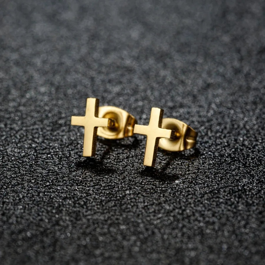 Golden Stainless Steel Small Cross Christianity Amulet Earrings For Women Hypoallergenic Stud Earrings For Girls Daily Wear