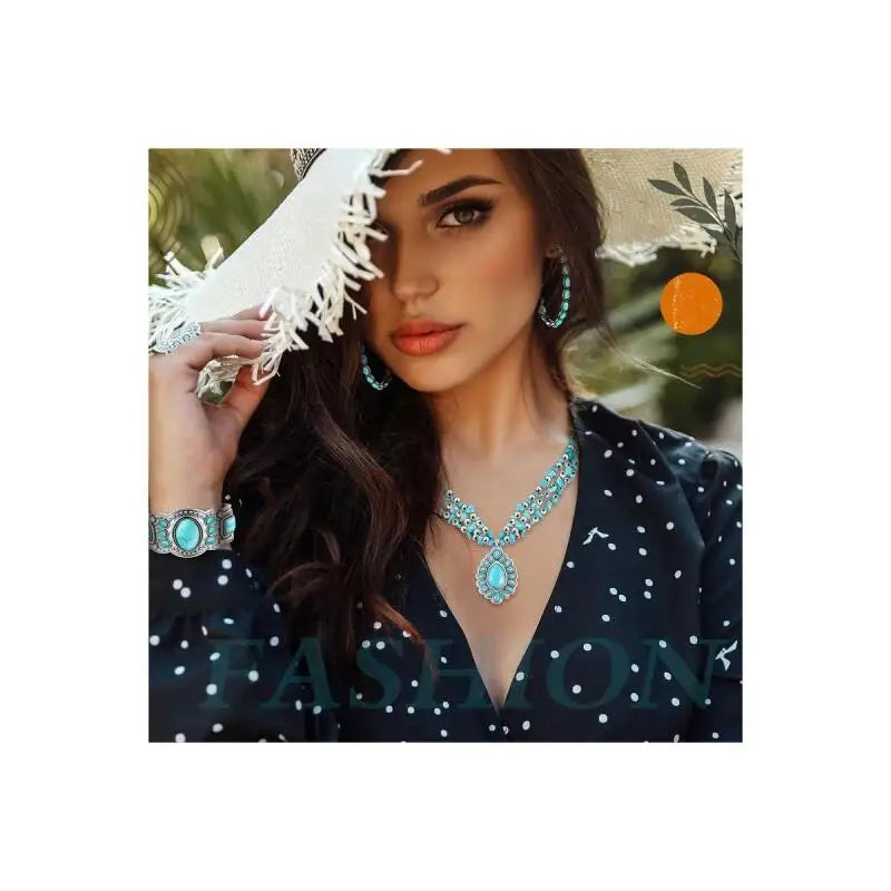 Women's Three-Piece Bohemian Jewelry Set, including a long necklace with Bohemian pendant, stackable bracelets and drop earrings mbzr