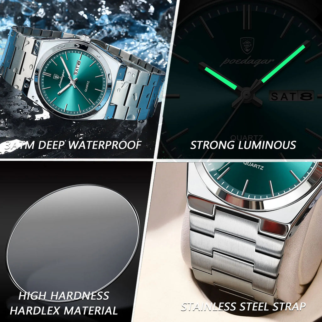 POEDAGAR Luxury Men's Watches Waterproof Luminous Date Week Men Watch Stainless Steel Casual Fashion Quartz Man Wristwatch Reloj mbzr