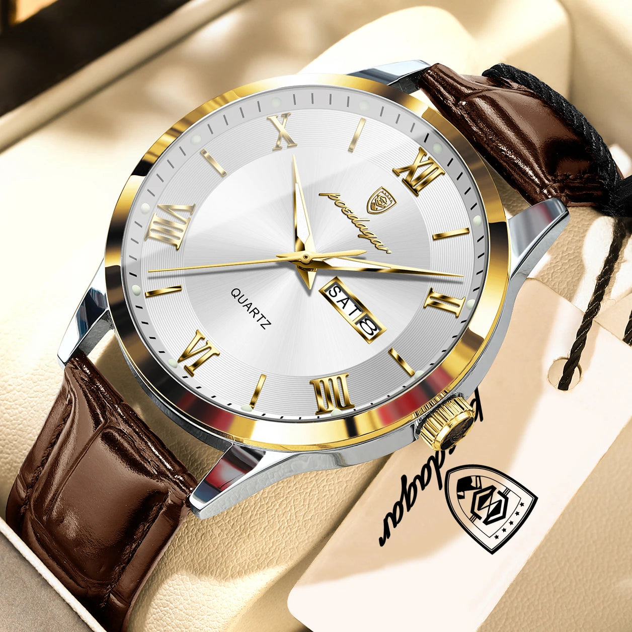 POEDAGAR Original Fashion Men's Watches Leather Date Week High Quality Quartz Men Wristwatch Waterproof Luminous Business Watches For Man Male Reloj