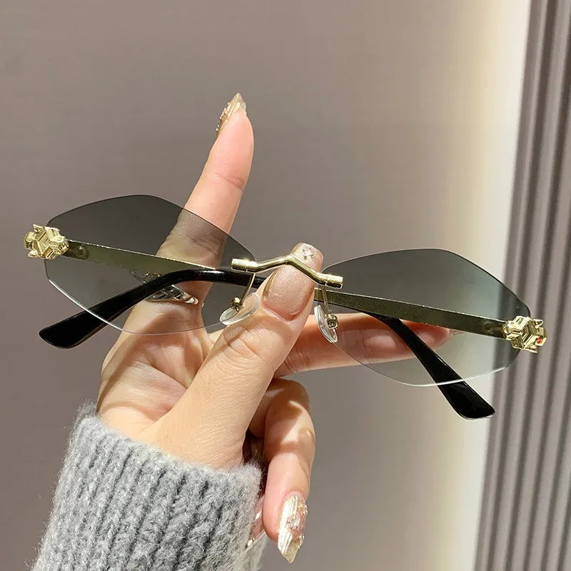 Trendy Rimless Polygonal Sunglasses Stylish Gradient Lens Metal Shades Eyewear