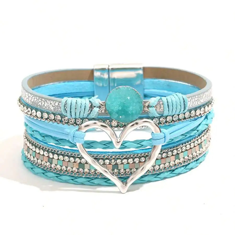 Layered PU Leather Heart Charm Wrap Bracelet With Magnetic Closure For Women, Boho Style, All Season Accessory mbzr