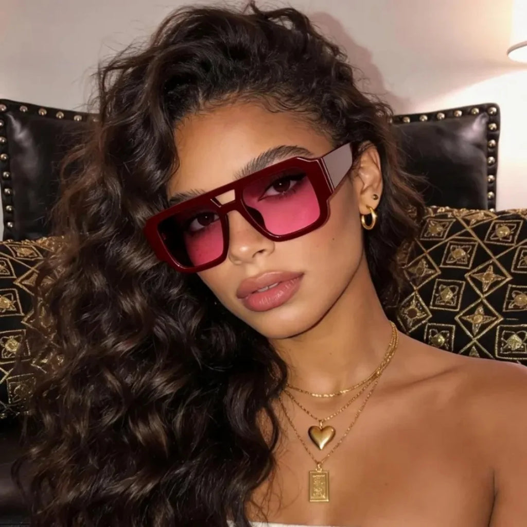 Retro Square Aviator Sunglasses — Burgundy Frames with a Cutout Bridge Design mbzr
