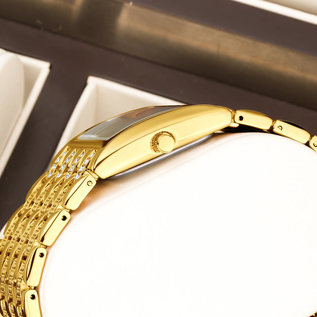 YaLaLuSi Full Rhinestone Square Ladies Watch Silver Metal Strap Gold Roman Dial Luxury Women Quartz Dress Watch