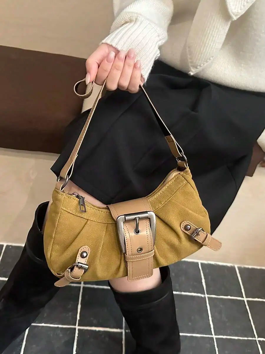 Vintage-Style Saddle Crossbody Bag with Buckle Detail, Soft Faux Leather, Adjustable Strap
