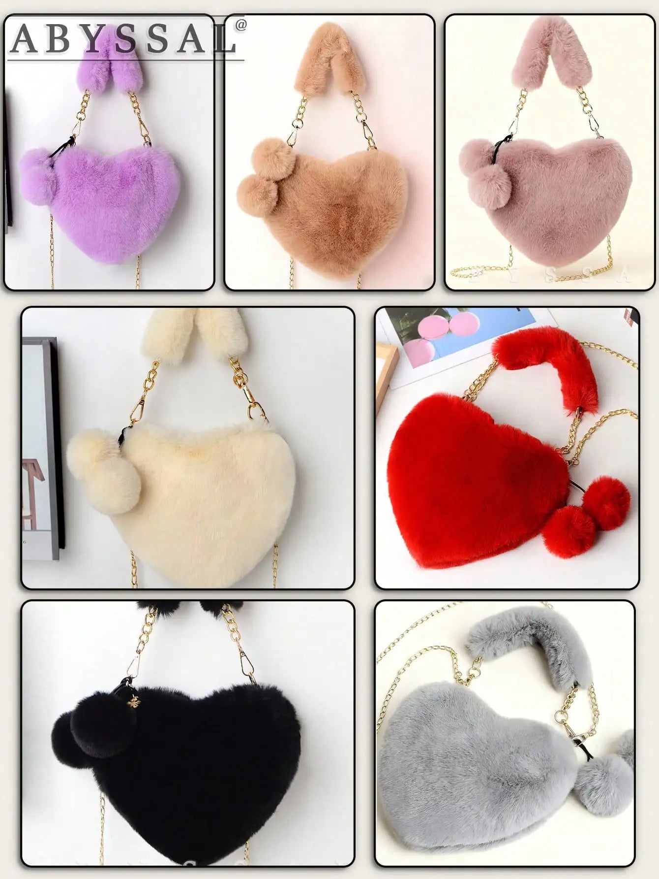 Fluffy Heart-Shaped Faux Fur Crossbody Bag with Gold Chain Strap