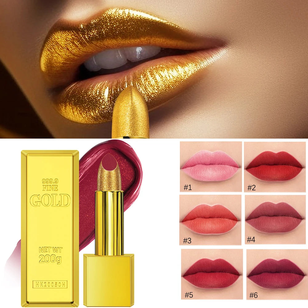Glitter Shimmer Gold Lipstick Long Lasting Waterproof Cosmetic Gold Brick Tube mbzr