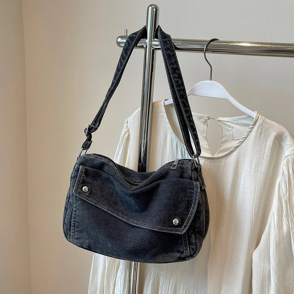 Denim Tote Bag Casual Retro Women Aesthetic Crossbody Bag Handbag Lightweight Jean Purses with Adjustable Strap Travel Shopper