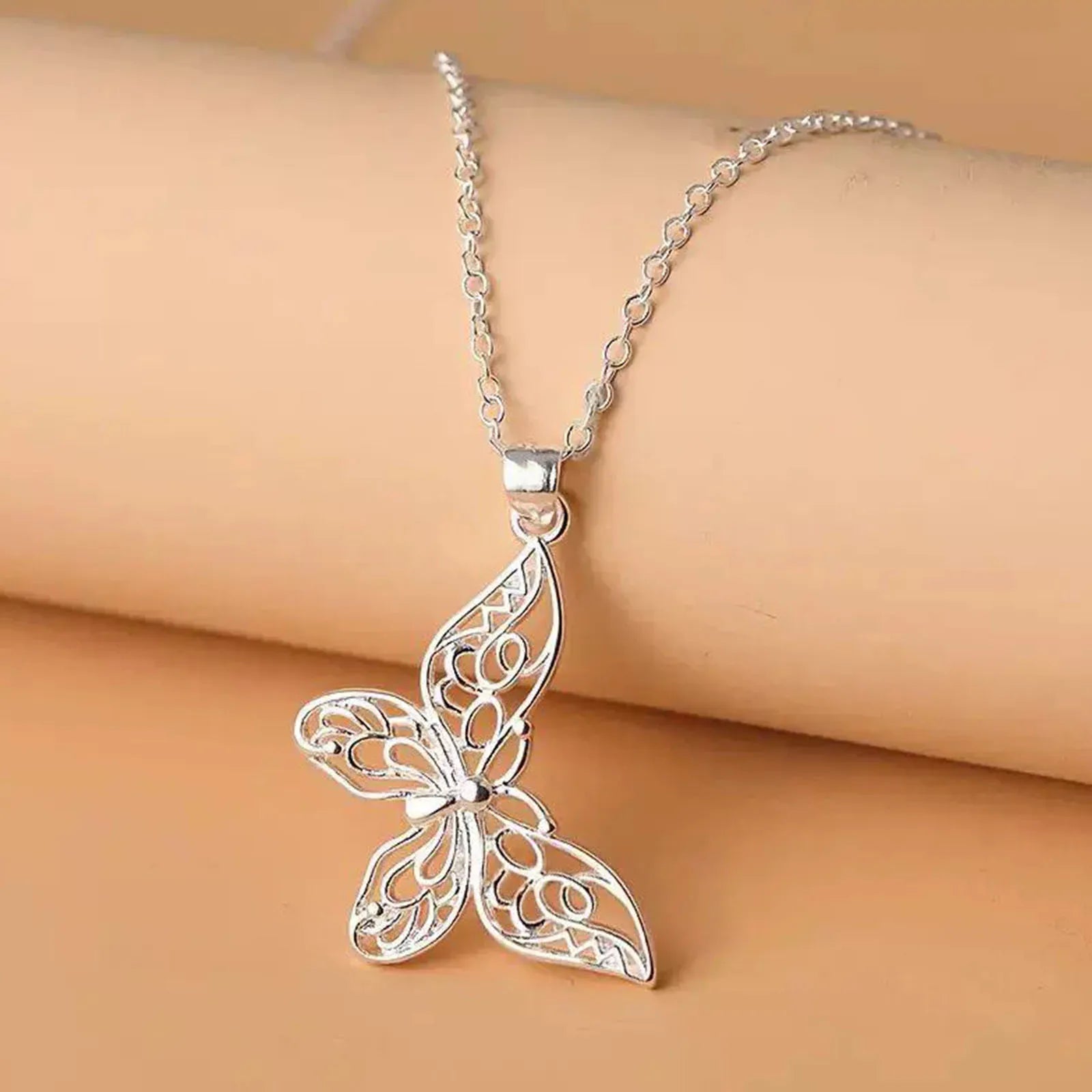 Sterling Silver Butterfly Pendant Necklace Snake Chain Women