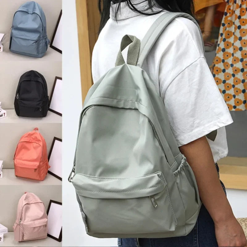 Simple Solid Color Backpack Women Nylon School Bags for Teenager Girls Bookbag Lady Travel Backbag Shoulder Bag
