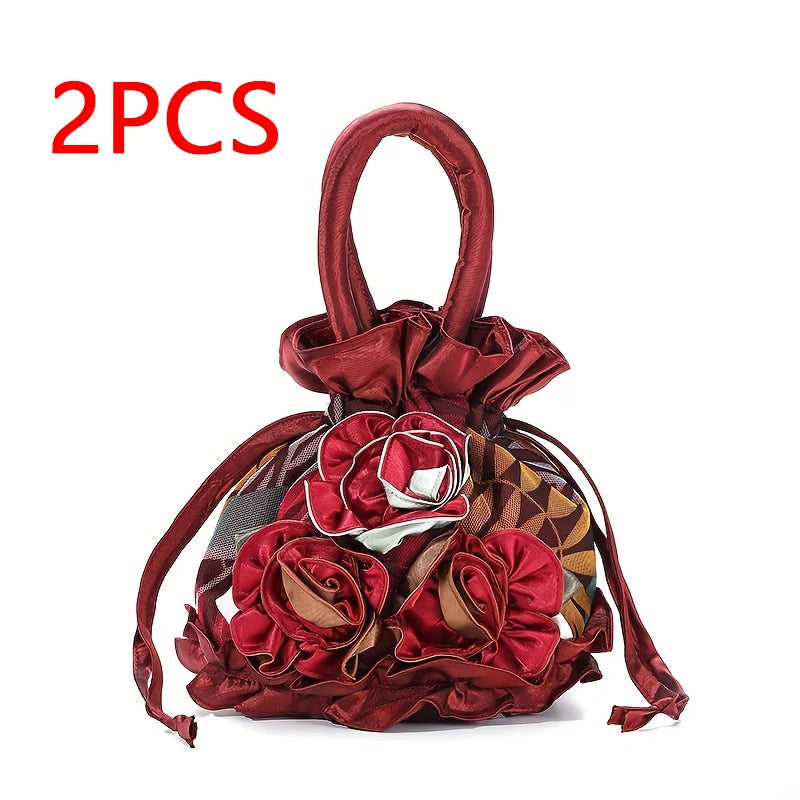 2PCS Fashion Versatile Drawstring Ladies Handbag Flower Dinner Bag Handle Bucket Bag Portable Cell Phone Bag Coin Purse