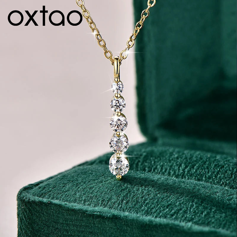 OXTAO Long 5-Stone Moissanite Pendant Necklace D VVS1 for Women Clavicle Chain Necklace Fine Jewelry Gift 14K Gold Filled