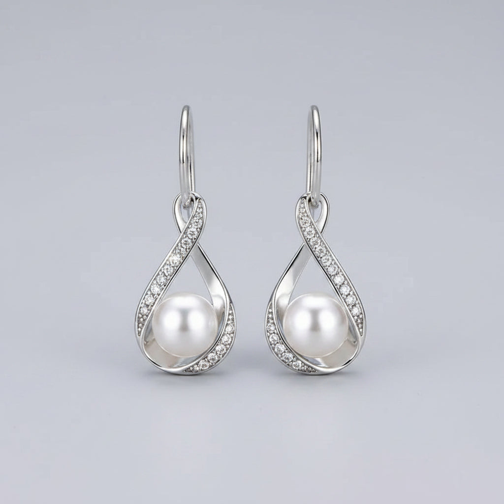 Freshwater Pearl Drop Earrings Sterling Silver Twisted Teardrop Frame