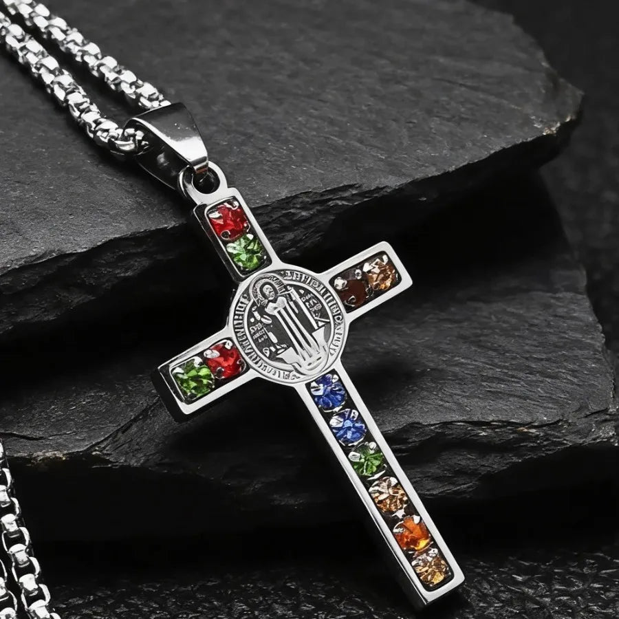 Stainless Steel Saint Benedict Cross Necklace, Zircon Inlay