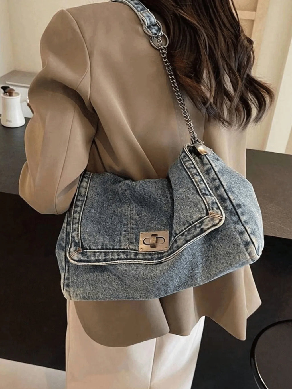 Classic Solid Retro Washed Denim Shoulder Bag, Quilted Stitch, Metal Chain, Large Capacity For Shopping & Daily Outings.Y2k