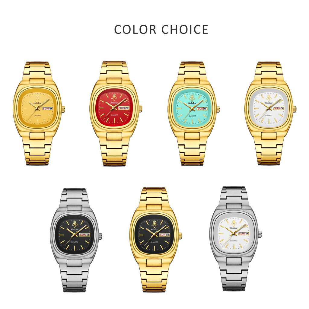 YaLaLuSi Vintage Tonneau Square White Dial Women Watch Day Date Display Brushed Solid Link Gold Bracelet Quiet Luxury Waterproof Ladies Quartz Wristwatch For Office Daily Commute