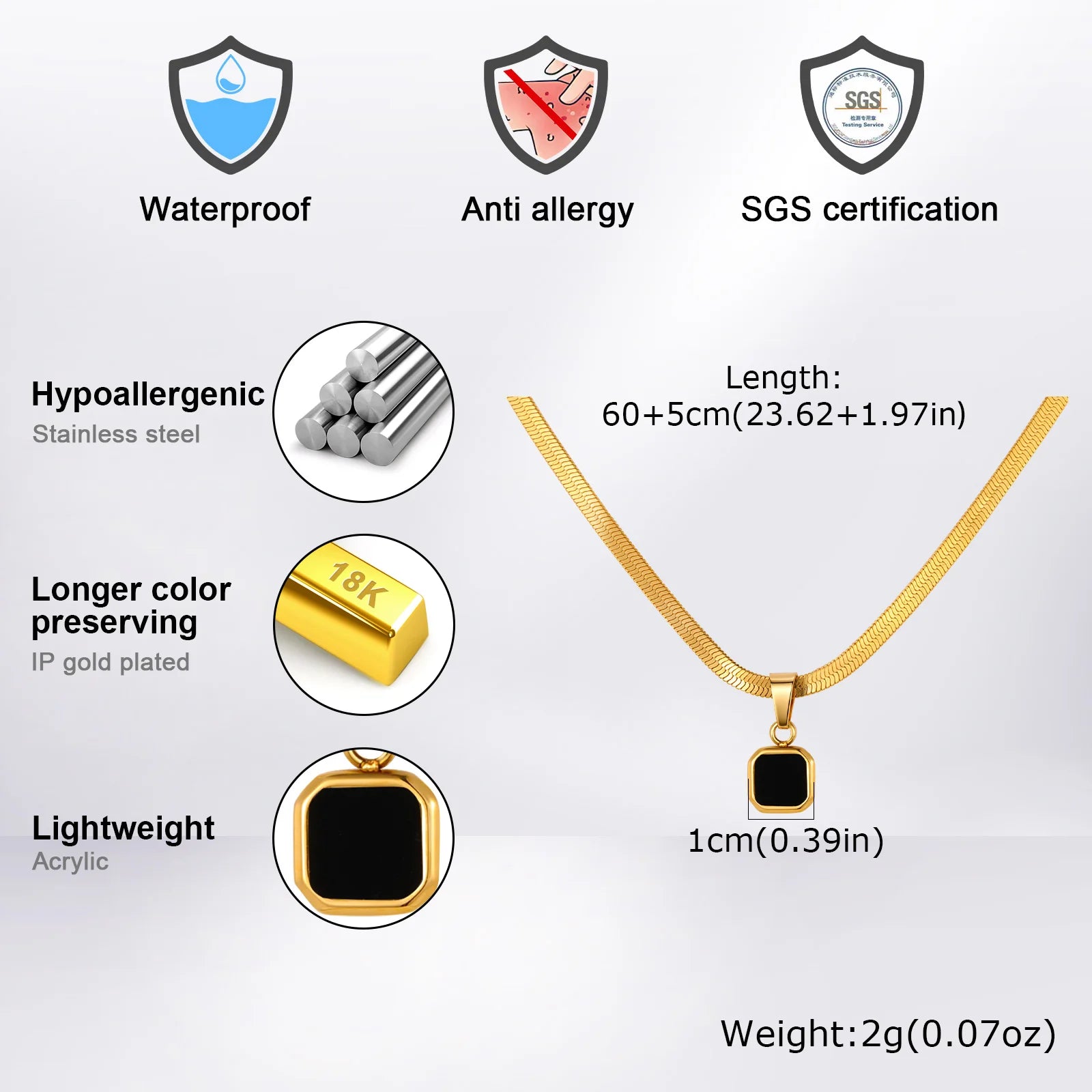 Vnox Geometric Square Natural Stone Pendant Necklace for Men, Gold Silver Color Stainless Steel Blade Chain, Trendy Jewelry Gift