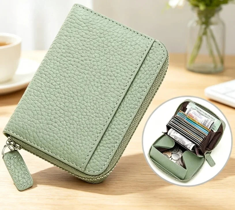 Light Green Lychee Grain Faux Leather Zipper Card Wallet, Compact Multi-Slot Accordion Card Holder with Coin Pocket & Cash Compartment, Mini Portable Credit Card Purse with Small Pull Tab for Women Daily Carry