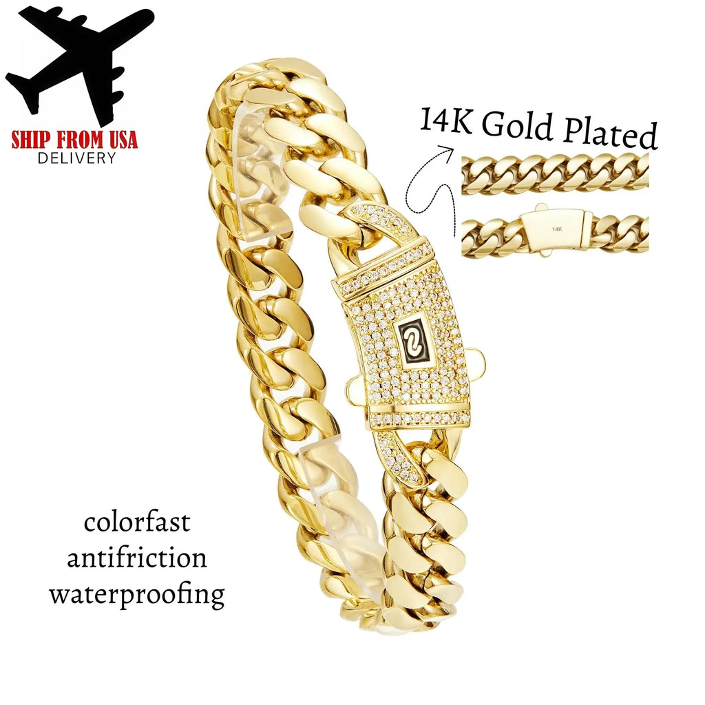 14K Gold Plated Miami Cuban Link Chain Bracelet The New Gold-Plated Craftsmanship Waterproof Fade-Resistant Non-Allergenic Hypoallergenic Material Thickened Link Chain Hip-Hop Jewelry for Men Women Valtentine's Day Gift