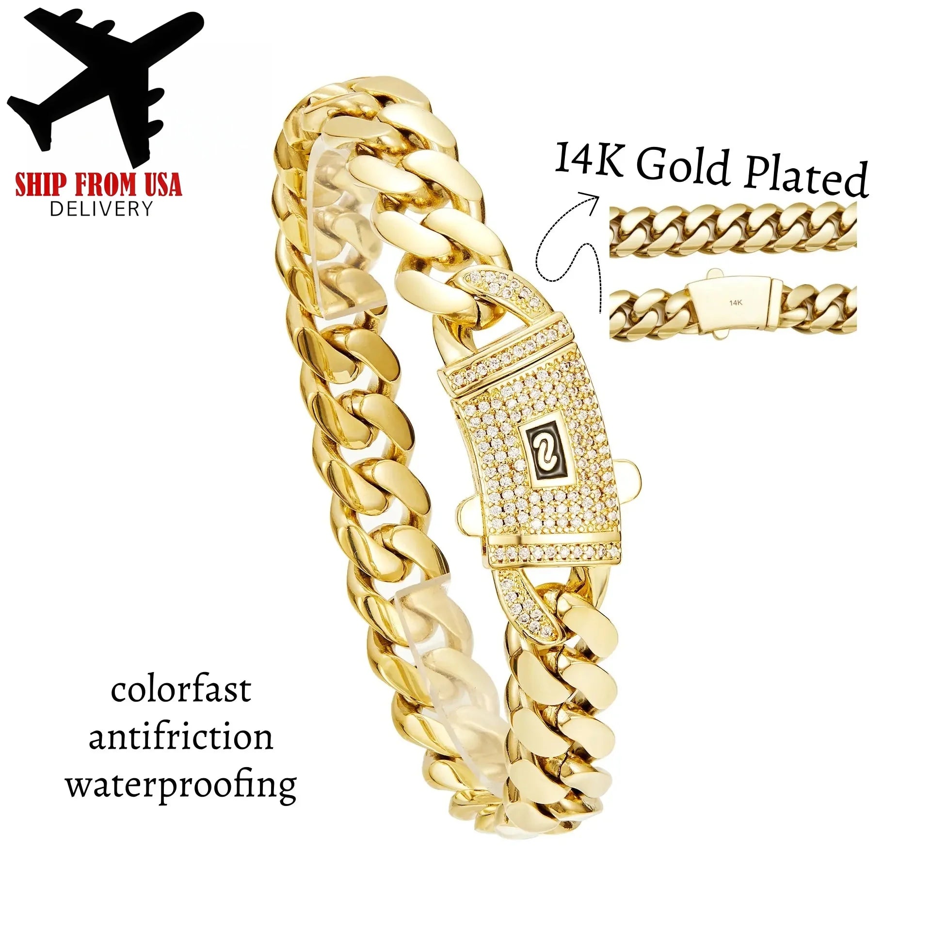 14K Gold Plated Miami Cuban Link Chain Bracelet The New Gold-Plated Craftsmanship Waterproof Fade-Resistant Non-Allergenic Hypoallergenic Material Thickened Link Chain Hip-Hop Jewelry for Men Women Valtentine's Day Gift