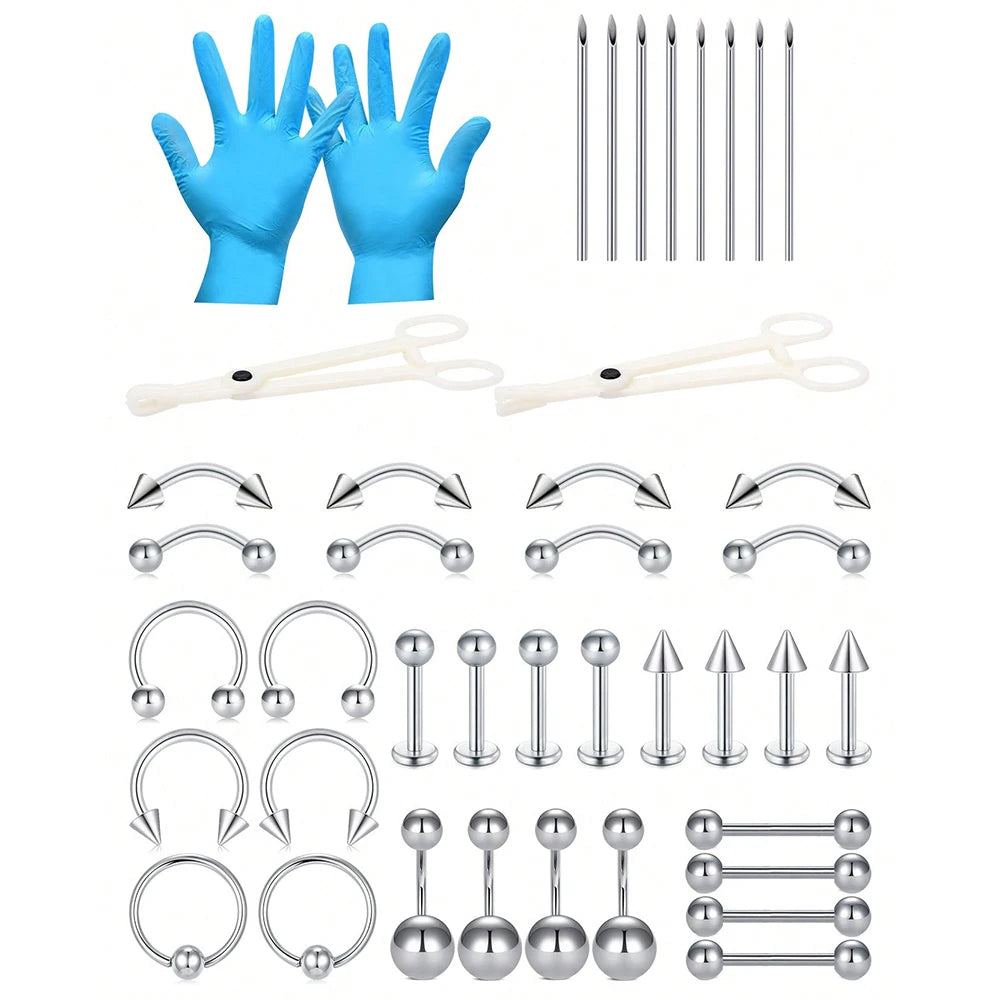 Stainless Steel Piercing Kit 14G/16G Belly Button Piercing Kit Septum Piercing Kit Lip Tongue Nipple Ear Piercing Kit