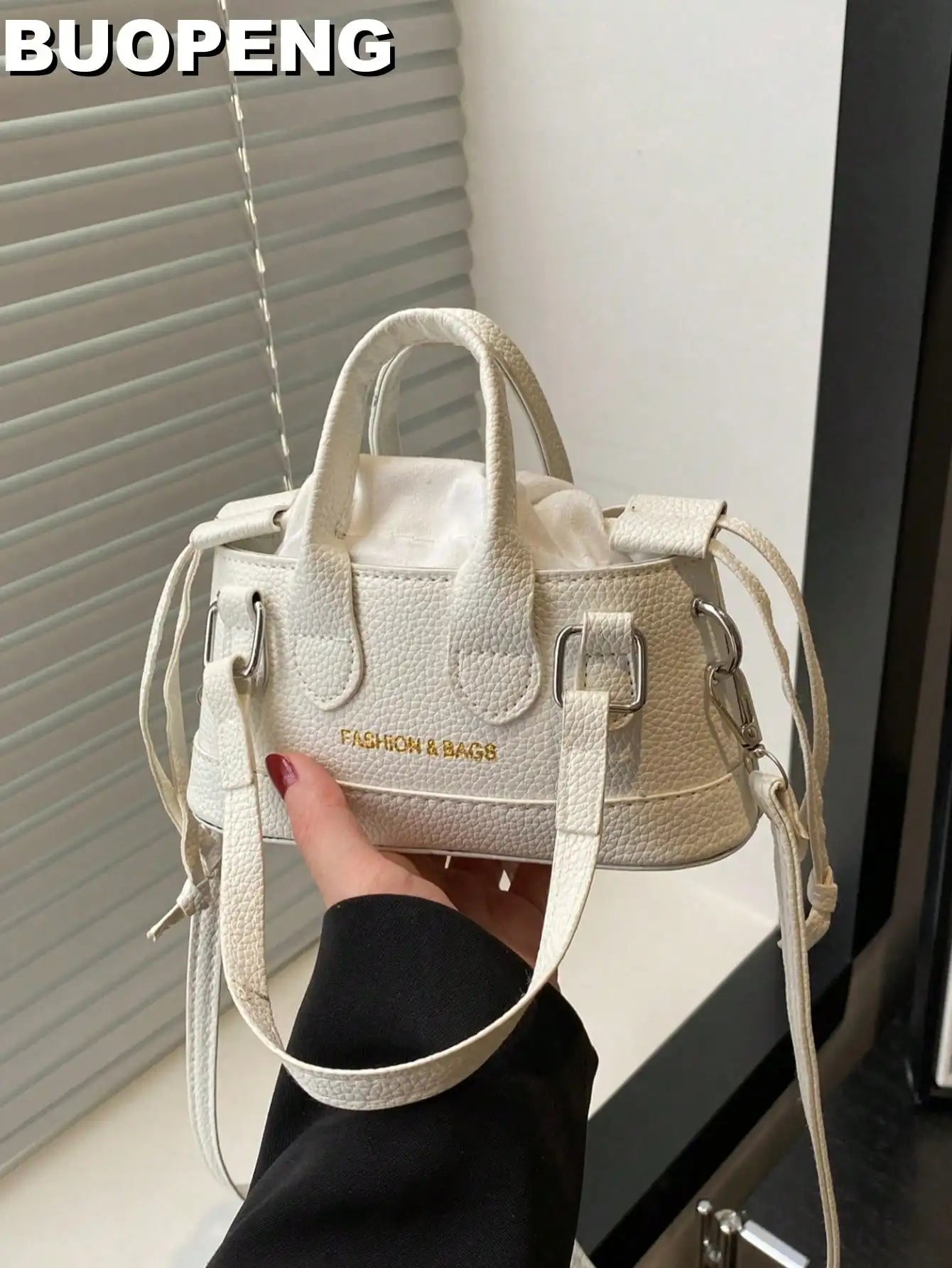 Mini Silver Croc-Embossed Top Handle Bag with Drawstring Closure