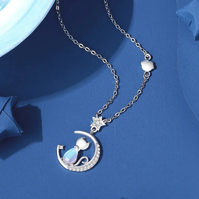 European Sparkling S925 Sterling silver Pave AAA CZ Cat Moon Pendant Necklace Clavicular Chain For Women Birthday Gift Jewelry