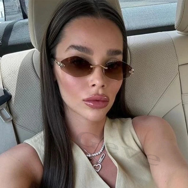 Fashion Small Polygonal Sunglasses for Women Luxury Brand Rmless Brown Rhombus Sun Glasses Woman Vintage Metal Shades Eyewear mbzr