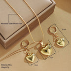 Minimalist Puffy Heart Jewelry Set, Rose Gold Snake Chain Necklace & Heart Drop Earrings, Elegant Daily Wear Jewelry
