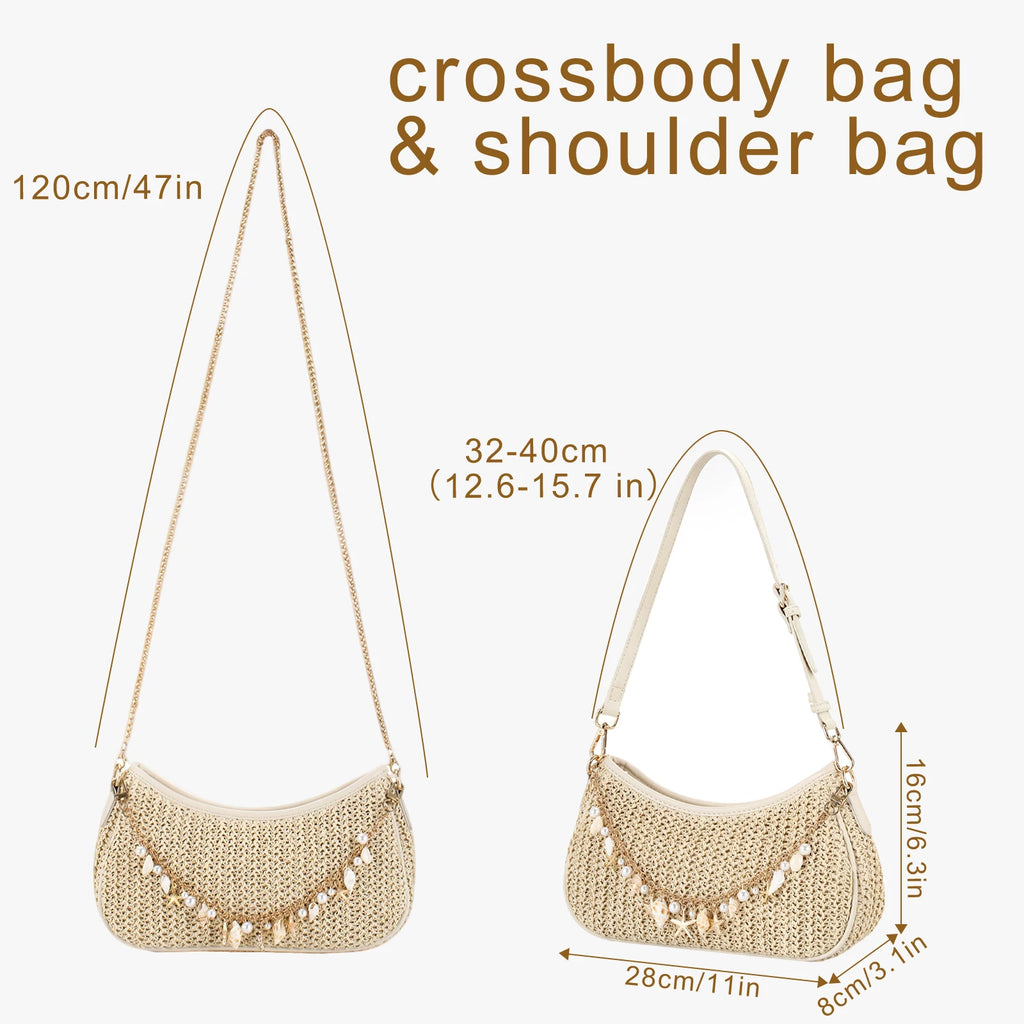 Bohemian Summer Straw Shoulder Bag with Ocean Shell, Starfish for Women Beach Vacation & Tropical Getaways Wrapped Handbags Ladies Handheld Crossbody Bags Totes mbzr