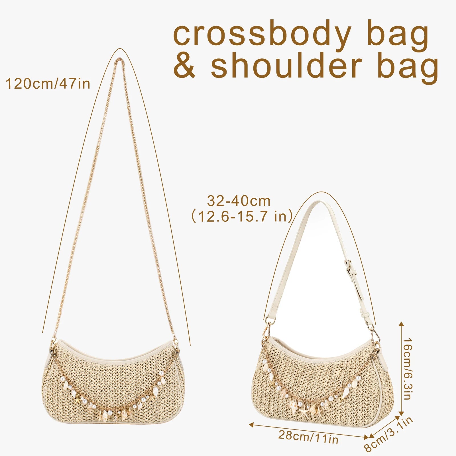 Bohemian Summer Straw Shoulder Bag with Ocean Shell, Starfish for Women Beach Vacation & Tropical Getaways Wrapped Handbags Ladies Handheld Crossbody Bags Totes mbzr
