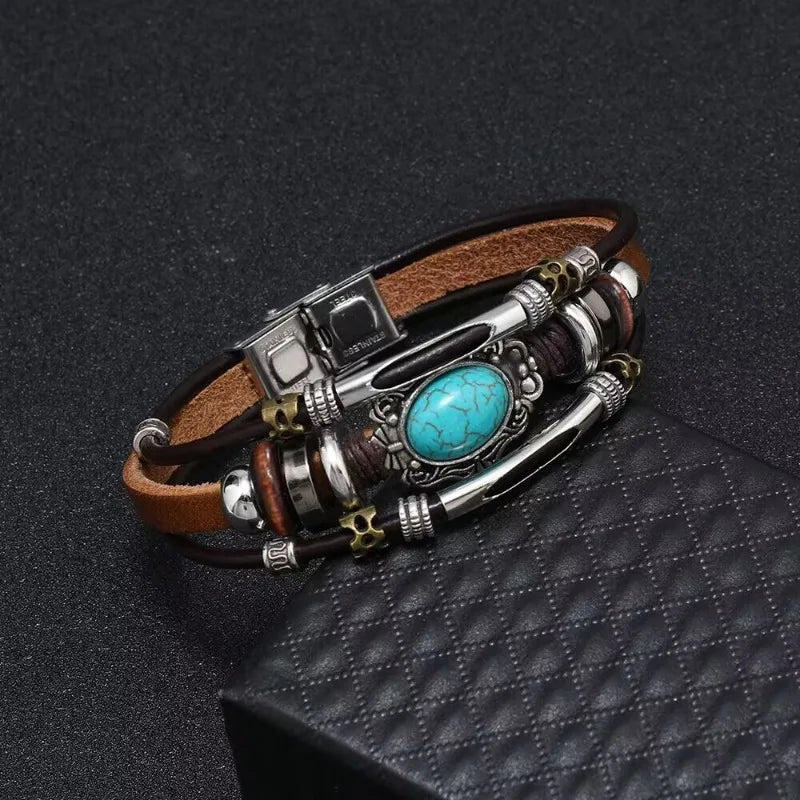 Men Bohemian Bracelet Imitation Turquoise Beaded Leather Durable Stainless Steel Clasp Cuff Hand Jewelry