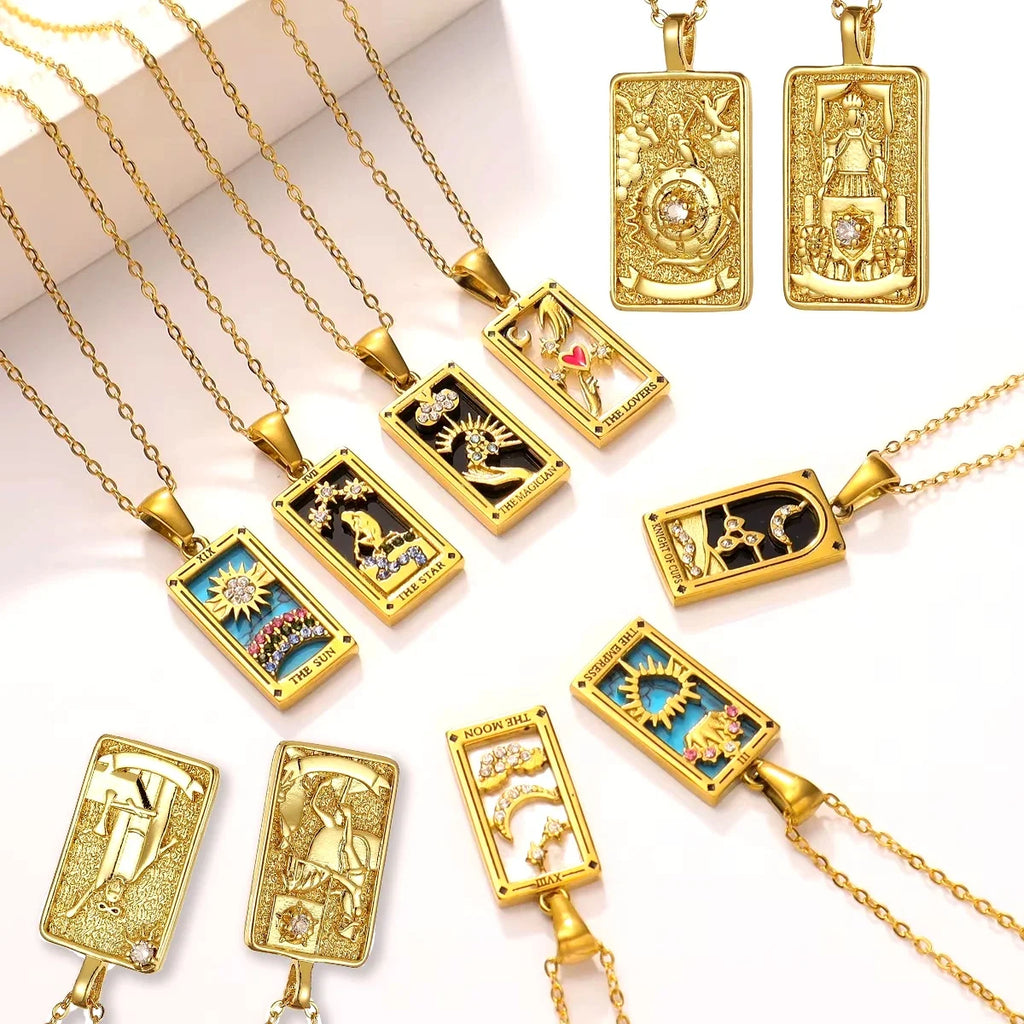 YILUOCD Original Zirconia Tarot Card Necklace Classic Tarot Queen Lover Magician Moon Wealth Amulet Stainless Steel Jewelry