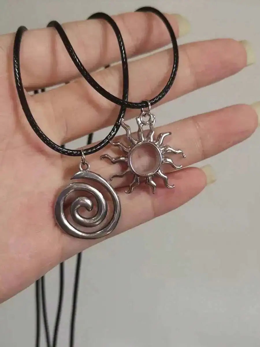 Y2K spiral swirl stainless steel pendant necklace unisex vintage handmade braided leather design