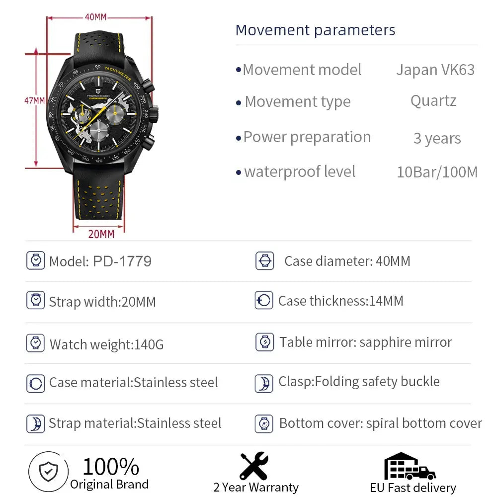 PAGANI DESIGN 2025 New Moon Dark Men's Watches Luxury Quartz Watch Men Skeleton Sport Chronograph AR Sapphire glass Wrist Watch