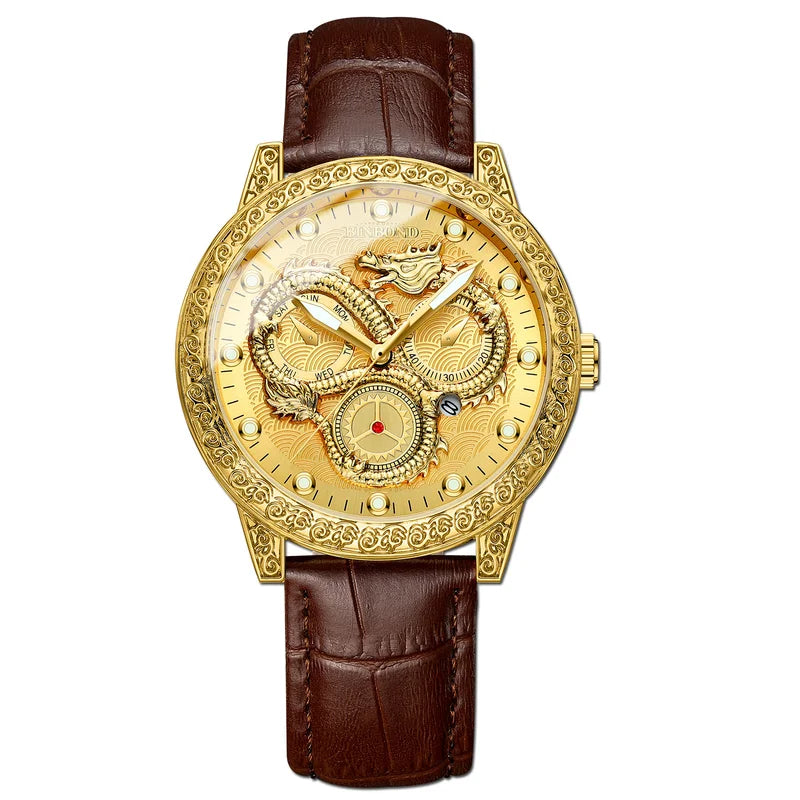 1pcs Men's Gold Leather Band Luxury Business Moon Phase Quartz Watch for Party Holiday Gift mbzr