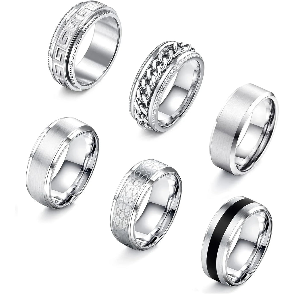 6Pcs Mens Rings 316L Stainless Steel for Men Women Vintage Thumb Engagement Ring Wedding Band Fidget Ring Set Jewel Gift