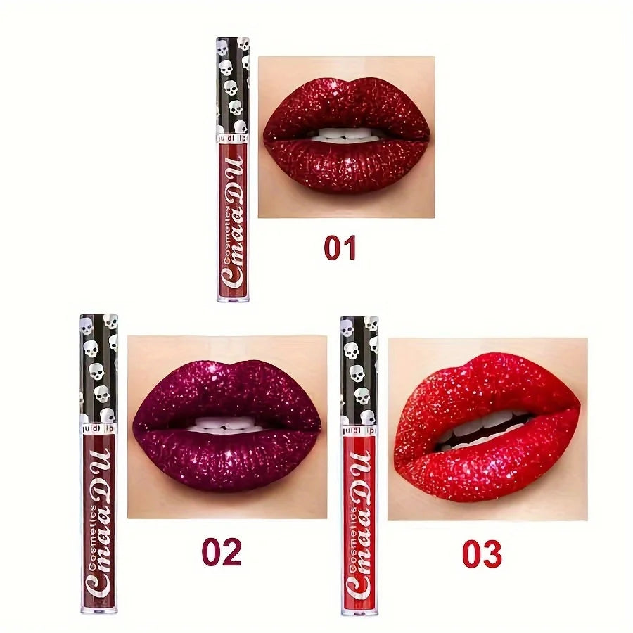 3PCS Skull Lip Gloss Set – Long-Lasting, Easy to Remove, Shiny Lipstick for Women, Ideal for Music Festivals, Halloween, mother' mbzr