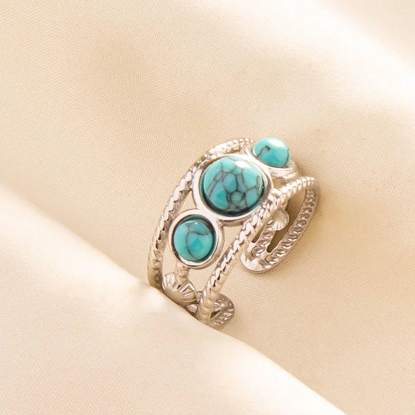 1pc Stainless Steel Boho Turquoise Open Finger Rings Trendy Adjustable Women Multi Layers Stackable