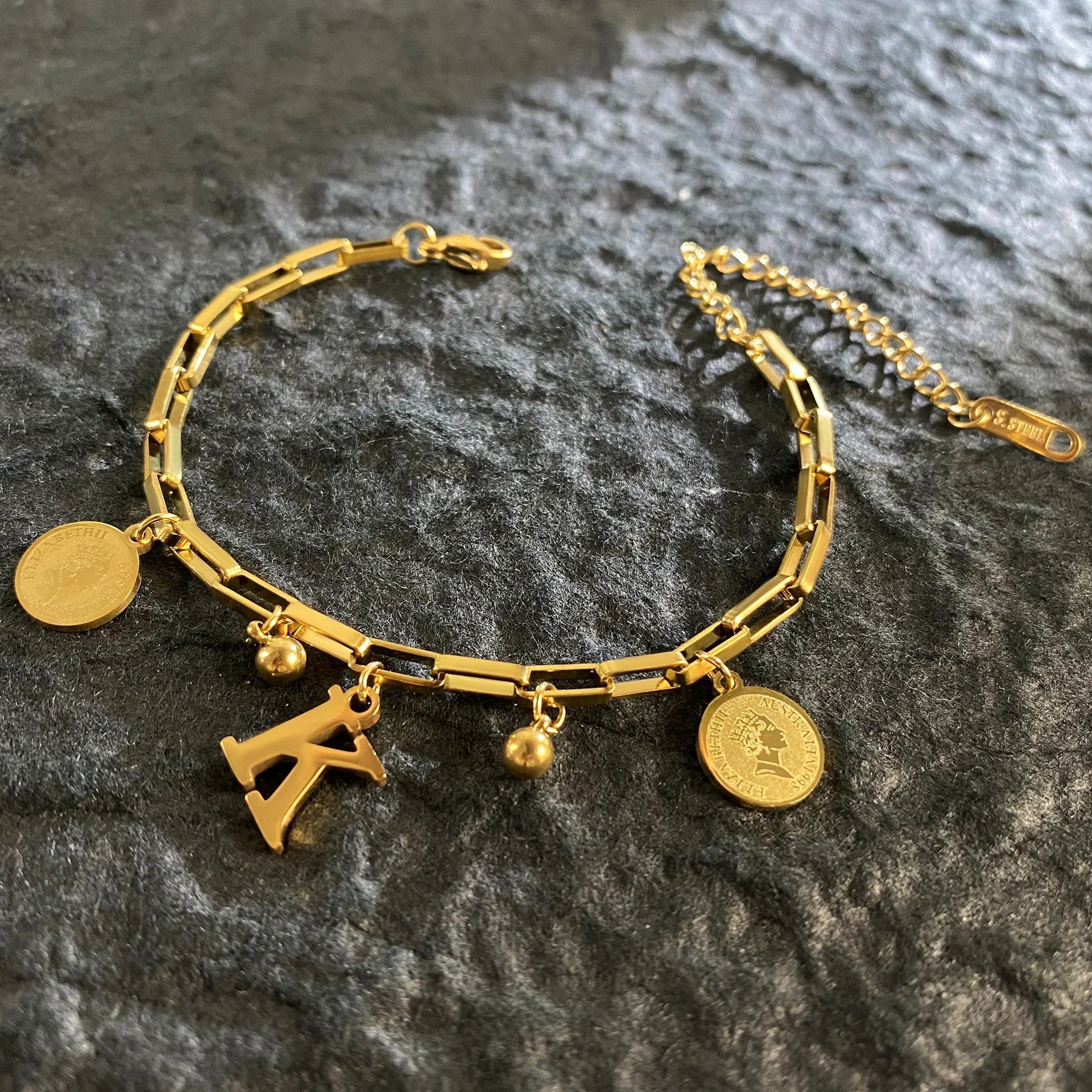 1pc Queen Coin Letter plated Stainless Steel Bracelet for Women Small Bell Pendant Adjustable Bracelet Classic Jewelry Gift