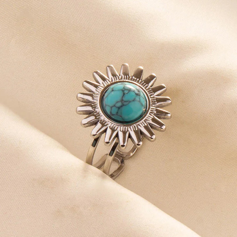 1pc Stainless Steel Boho Turquoise Open Finger Rings Trendy Adjustable Women Multi Layers Stackable